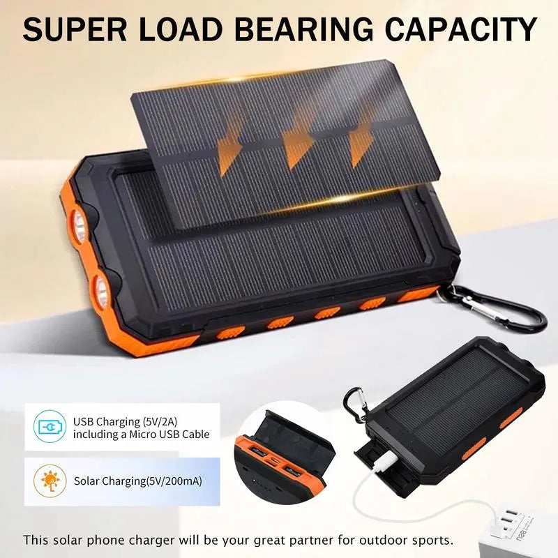 10000Mah Compact Solar Charger - Portable Power Bank with Integrated Solar Panel & Dual QC3.0 USB Ports for Phones, Tablets, Small Devices - Ideal for Camping, Hiking, Emergency Kits, Features SOS Flashlight