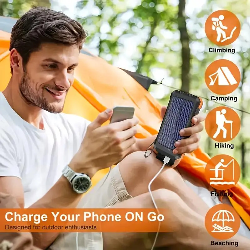 10000Mah Compact Solar Charger - Portable Power Bank with Integrated Solar Panel & Dual QC3.0 USB Ports for Phones, Tablets, Small Devices - Ideal for Camping, Hiking, Emergency Kits, Features SOS Flashlight